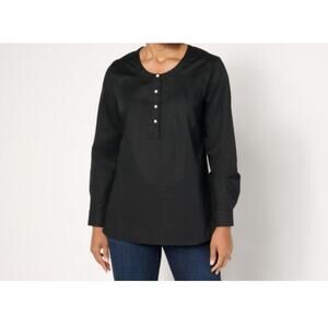 Denim & Co Black Size XL Poplin Tunic Pearl Buttons A669951 NWOT